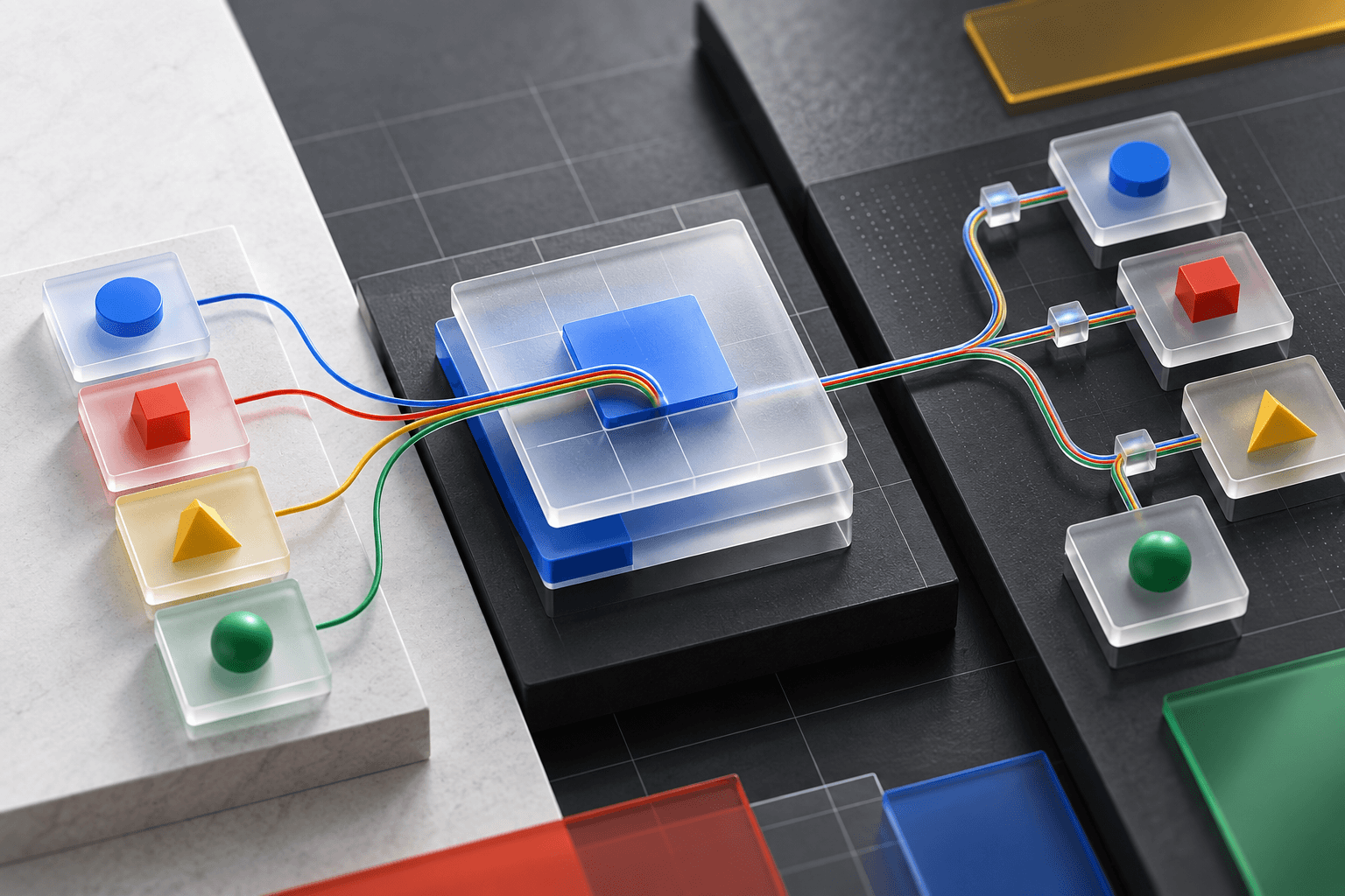 Connected colored modules representing design token contracts across a system.